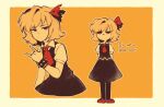  1girl arms_behind_back ascot black_legwear blonde_hair bow bracelet english_text frown hair_ribbon highres jewelry linmiee orange_background red_eyes red_footwear red_ribbon ribbon rumia shirt short_hair short_sleeves skirt solo spiked_bracelet spikes touhou vest white_shirt 