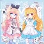  2girls ace_of_hearts ace_of_spades alice_(alice_in_wonderland) alice_in_wonderland animal animal_hug animal_on_shoulder apron arms_behind_back blonde_hair blue_dress blue_eyes card cat child dress dual_persona highres kaname_(tori-toriniku) long_hair multiple_girls open_mouth pantyhose pink_dress playing_card rabbit red_eyes ribbon short_sleeves smile striped striped_legwear thigh-highs white_apron 