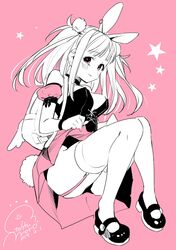  1girl :3 absurdres animal_ears backpack bag bare_shoulders blush breasts bunny_tail clothes_lift dated detached_sleeves dot_nose ear_clip garter_straps geshumaro highres knees_together_feet_apart large_breasts leotard looking_at_viewer monochrome original pink_eyes pink_skirt pink_theme pom_pom_hair_ornament puffy_detached_sleeves puffy_short_sleeves puffy_sleeves rabbit_ears rabbit_girl shoes short_sleeves signature skirt skirt_lift smile smug solo spot_color strapless strapless_leotard tail twintails wristband 