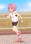  1girl bike_shorts blurry blurry_background brown_eyes full_body hair_intakes hood hoodie idolmaster idolmaster_cinderella_girls koshimizu_sachiko open_mouth outdoors pink_hair running sakaki_imasato short_hair short_shorts shorts sleeveless solo sweat watch watch wristband 