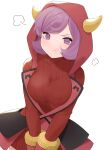  1girl :t =3 bangs blush breasts closed_mouth commentary_request courtney_(pokemon) eyelashes fake_horns gloves highres hood hood_up horns looking_at_viewer nagoooon_114 pokemon pokemon_(game) pokemon_oras pout purple_hair short_hair simple_background solo team_magma team_magma_uniform turtleneck violet_eyes white_background 