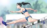  1girl bare_legs black_hair blue_buruma blue_eyes blue_sports_bra blurry buruma crowd depth_of_field from_side full_body haikyuu!! hurdle jumping long_hair midriff navel neamvi open_mouth outdoors ponytail shimizu_kiyoko shoes sneakers sports_bra sunlight track_and_field track_uniform white_legwear younger 