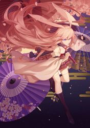  1girl animal_ears bangs bare_shoulders boots breast_grab cherry_blossoms closed_mouth fox_ears full_body grabbing hair_between_eyes highres holding holding_sword holding_weapon honkai_(series) honkai_impact_3rd katana kneehighs long_hair looking_ahead oil-paper_umbrella petals pink_hair running sheath sheathed solo sougishi_ego sword umbrella violet_eyes weapon white_legwear yae_sakura yae_sakura_(gyakushinn_miko) 