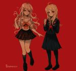  2girls absurdres ahoge akamatsu_kaede alternate_costume alternate_hair_ornament antenna_hair artist_name bananniehh bangs black_footwear black_legwear black_skirt blonde_hair blush bow breasts collarbone commentary_request dangan_ronpa_(series) dangan_ronpa_v3:_killing_harmony frown hair_between_eyes hair_ornament hand_up highres iruma_miu kneehighs large_breasts long_hair looking_at_viewer miniskirt multiple_girls neckerchief parted_bangs plaid plaid_bow plaid_skirt pleated_skirt red_background red_bow red_eyes red_skirt school_uniform shirt shoes skirt white_shirt 