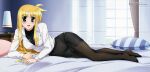  1girl absurdres bed blonde_hair fate_testarossa highres long_hair lyrical_nanoha mahou_shoujo_lyrical_nanoha_strikers megami_magazine military military_uniform okuda_yasuhiro pantyhose red_eyes solo tsab_executive_military_uniform uniform 