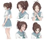  1girl ahoge blue_sailor_collar blue_skirt blush brown_hair closed_eyes closed_mouth expressionless head_tilt hibike!_euphonium highres kitauji_high_school_uniform long_hair looking_at_viewer looking_down multiple_views nakagawa_natsuki pleated_skirt ponytail raku_rakugaki sailor_collar school_uniform serafuku shirt short_sleeves simple_background skirt smile standing violet_eyes white_background white_shirt 