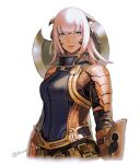  1girl armor au_ra axe bangs battle_axe blue_eyes breasts cropped_torso dragon_horns final_fantasy final_fantasy_xiv horns long_hair looking_at_viewer medium_breasts muraicchi_(momocchi) pink_hair scales shoulder_armor solo weapon white_background 