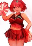  1girl absurdres bangs bare_shoulders blush breasts cheerleader chest_jewel crop_top earrings highres holding holding_pom_poms jewelry large_breasts looking_at_viewer midriff navel one_eye_closed open_mouth plump pom_pom_(cheerleading) pyra_(xenoblade) red_eyes redhead short_hair simple_background skirt sleeveless smile solo swept_bangs tarbo_(exxxpiation) tiara xenoblade_chronicles_(series) xenoblade_chronicles_2 