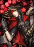  1boy black_hair clawed_gauntlets cloak final_fantasy final_fantasy_vii flower gloves headband leather leather_gloves long_hair red_eyes rose skull sword vincent_valentine weapon 