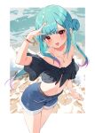  1girl :d beach blue_shorts bracelet eyebrows_visible_through_hair flat_chest green_hair hair_bun hana_mori hand_up highres hololive jewelry looking_at_viewer midriff navel necklace ocean open_mouth polka_dot red_eyes short_hair shorts sky smile solo standing thighs uruha_rushia virtual_youtuber water 