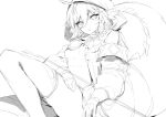 1girl absurdres ahoge arknights bare_shoulders breasts crocodilian_tail feet_out_of_frame flower goggles goggles_around_neck greyscale highres holding hood hood_up knee_up looking_at_viewer molyb monochrome open_clothes open_shirt pointy_ears short_hair sketch small_breasts solo tail thigh-highs tomimi_(arknights)