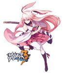  1girl animal_ears bare_shoulders boots closed_mouth fox_ears holding holding_sword holding_weapon honkai_(series) honkai_impact_3rd katana kneehighs long_hair pink_hair sheath sheathed simple_background skirt solo sougishi_ego sword violet_eyes weapon white_background white_legwear yae_sakura 