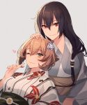  2girls black_hair brown_hair closed_mouth collarbone eyebrows_visible_through_hair green_eyes grey_background hair_between_eyes heart highres japanese_clothes kantai_collection kasumi_(skchkko) kimono long_hair long_sleeves multiple_girls mutsu_(kancolle) nagato_(kancolle) obi one_eye_closed red_eyes sash short_hair simple_background smile wide_sleeves yukata 