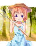  1girl absurdres alternate_hairstyle bare_shoulders blue_dress butterfly_net child dress eyebrows_visible_through_hair gochuumon_wa_usagi_desu_ka? hand_net hat highres hoto_cocoa orange_hair outdoors painter-lhb short_hair smile solo summer twintails violet_eyes 