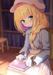  1girl :3 bangs baram blonde_hair blunt_bangs blurry blurry_background blush book_on_lap bookshelf braid commentary_request eyebrows_visible_through_hair green_eyes hair_over_shoulder hat head_tilt highres indoors long_hair long_sleeves looking_at_viewer mononobe_alice nijisanji single_braid sitting sleeves_past_wrists smile solo stool virtual_youtuber wooden_floor 