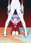  2girls artist_request ayanami_rei bangs between_legs blue_hair bodysuit gloves highres legs_apart lower_body multiple_girls neon_genesis_evangelion pink_shirt plugsuit red_background red_eyes red_skirt seiza shirt short_hair short_sleeves sitting skin_tight skirt standing white_bodysuit white_gloves 