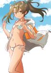  1girl bikini clouds eyebrows_visible_through_hair fuji_(pixiv24804665) hair_ribbon highres kantai_collection long_hair looking_at_viewer navel ribbon side-tie_bikini sketch sky smile solo swimsuit twintails windbreaker zuikaku_(kancolle) 