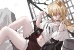  1girl animal animal_ears arknights bare_legs black_jacket blonde_hair breasts candy commentary_request feet_out_of_frame food from_side fur_trim hammer holding ifi_(1158029887) jacket jacket_on_shoulders knees_up lion_ears lollipop medium_breasts midriff mouth_hold navel off_shoulder ponytail red_shorts shirt short_shorts shorts siege_(arknights) simple_background sitting solo thighs weapon white_background 