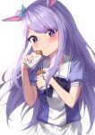  1girl :t absurdres animal_ears bangs blue_bow blue_shirt blush bow closed_mouth ear_ribbon eating eyebrows_visible_through_hair food green_ribbon highres holding holding_food horse_ears long_hair looking_at_viewer masaki_(msk064) mejiro_mcqueen_(umamusume) pleated_skirt puffy_short_sleeves puffy_sleeves purple_hair ribbon school_uniform shirt short_sleeves simple_background skirt solo taiyaki tracen_school_uniform umamusume very_long_hair violet_eyes virtual_youtuber wagashi wavy_mouth white_background white_skirt 