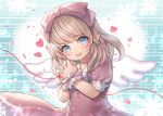  1girl angel_wings bangs blonde_hair blue_eyes blush bow dress eyebrows_visible_through_hair final_fantasy final_fantasy_xiv hair_bow hands_clasped heart highres lalafell long_hair looking_at_viewer mirukurim open_mouth own_hands_together pink_bow pink_dress pointy_ears puffy_short_sleeves puffy_sleeves short_sleeves solo wings wrist_cuffs 