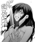  1girl blood blood_on_face clenched_teeth crying crying_with_eyes_open eyebrows_visible_through_hair eyes_visible_through_hair fingernails frills greyscale hair_between_eyes hatching_(texture) highres holding holding_knife holding_weapon knife long_hair maki_keigo monochrome off_shoulder original simple_background solo tears teeth upper_body weapon white_background 