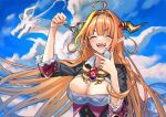  1girl ahoge breasts cleavage_cutout closed_eyes clothing_cutout clouds dragon dragon_horns hololive horns kiryu_coco large_breasts long_hair orange_hair pointy_ears smile tf18080512 
