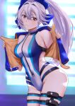  1girl araimooah bangs blue_bow blue_jacket blue_swimsuit bow breasts fate/grand_order fate_(series) hair_between_eyes hair_bow highleg highleg_swimsuit jacket large_breasts long_hair looking_at_viewer one-piece_swimsuit open_clothes open_jacket ponytail red_eyes short_sleeves silver_hair smile solo swimsuit thigh_strap thighs tomoe_gozen_(fate) tomoe_gozen_(swimsuit_saber)_(fate) two-tone_swimsuit white_swimsuit 