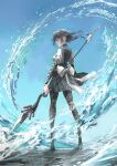  1boy armor back black_hair blue_background blue_eyes bow closed_mouth full_body harpoon highres original science_fiction short_hair solo standing swav water weapon white_bow 