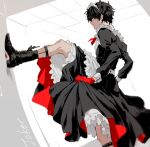  1boy alternate_costume amamiya_ren apron bangs black_dress black_footwear black_hair boots crossdressinging dress enmaided frilled_apron frills gloves hair_between_eyes long_sleeves maid maid_headdress male_focus persona persona_5 red_gloves skirt_hold solo white_apron 