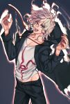  1boy :d bangs black_pants collarbone cowboy_shot dangan_ronpa_(series) dangan_ronpa_2:_goodbye_despair energy gradient gradient_background grey_hair hands_up hood hooded_jacket jacket komaeda_nagito looking_at_viewer male_focus medium_hair messy_hair open_clothes open_mouth outline pants rei_(tdn_ng) shirt smile solo torn_jacket white_outline white_shirt 