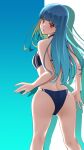  1girl 32174869 ass bangs bikini blue_hair blue_swimsuit breasts eyebrows_visible_through_hair highres kula_diamond long_hair looking_at_viewer shadow simple_background small_breasts sportswear swimsuit the_king_of_fighters violet_eyes 