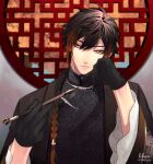  1boy bangs black_gloves black_hair blurry blurry_background braid braided_ponytail chinese_clothes closed_mouth commentary_request diamond-shaped_pupils diamond_(shape) eyeliner formal genshin_impact gloves gradient_hair hair_between_eyes hair_tie highres holding holding_pipe jacket lhn7gnsn long_hair long_sleeves looking_at_viewer makeup male_focus multicolored_hair orange_hair pipe ponytail solo symbol-shaped_pupils wide_sleeves window yellow_eyes zhongli_(genshin_impact) 