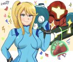  1girl absurdres arm_cannon armor bangs blonde_hair blue_eyes bodysuit glowing gun helmet highres karbuitt long_hair looking_at_viewer metroid metroid_(creature) metroid_dread nintendo ponytail power_armor samus_aran science_fiction simple_background solo upper_body visor weapon 