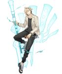  1boy aladdin_(sinoalice) beard blonde_hair blue_eyes bracelet cellphone energy_weapon facial_hair full_body hair_over_one_eye jacket jewelry ji_no looking_at_viewer necklace official_art phone polearm reality_arc_(sinoalice) shoes sinoalice smartphone sneakers solo transparent_background wallet watch watch weapon 