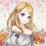  1girl bangs bare_shoulders blonde_hair bow cherry_blossoms collarbone commentary earrings falling_petals floral_background flower flower_earrings flower_necklace flower_request frilled_shirt frills grey_shirt hair_bow hair_ornament hairclip highres jewelry kagamine_rin long_hair looking_at_viewer necklace older open_mouth orange_flower petals pink_flower red_flower shirt solo strapless_shirt swept_bangs upper_body vocaloid white_bow white_flower whiteskyash yellow_flower 