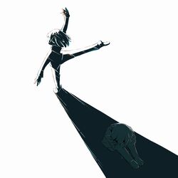  absurdres avogado6 barefoot commentary dancing head_down highres leg_hug original pants shadow shirt simple_background sitting standing standing_on_one_leg symbolism white_background 