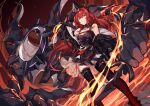  1girl abstract_background arknights black_background black_footwear black_jacket boots breasts commentary_request demon_horns eyebrows_visible_through_hair feet_out_of_frame fire highres hizuki_miya horns jacket long_hair medium_breasts off_shoulder redhead solo surtr_(arknights) tagme thigh-highs thigh_boots violet_eyes 