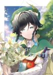  1boy androgynous apple bangs beret black_hair blue_hair bottle bouquet bow braid cape character_name closed_mouth clouds cloudy_sky collared_cape collared_shirt commentary_request dandelion_seed day dvalin_(genshin_impact) english_text eyebrows_visible_through_hair flower food frilled_sleeves frills fruit genshin_impact gift gradient_hair green_eyes green_headwear hair_flower hair_ornament happy_birthday hat highres holding holding_bouquet kon_114sk leaf long_sleeves looking_at_viewer male_focus multicolored_hair outdoors shirt short_hair_with_long_locks sky smile solo symbol_commentary tree twin_braids twitter_username venti_(genshin_impact) white_flower white_shirt wine_bottle 