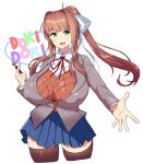  blue_skirt bow breasts brown_hair covered_nipples doki_doki_literature_club eyebrows_visible_through_hair green_eyes hands_up highres large_breasts monika_(doki_doki_literature_club) open_mouth pen ponytail red_ribbon ribbon school_uniform simple_background sinensian skirt smile socks solo white_bow 