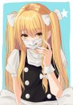  .me 1girl alternate_hairstyle black_dress blonde_hair blue_background blush dress hand_up highres kirisame_marisa long_hair looking_at_viewer mask mouth_mask no_hat no_headwear simple_background solo surgical_mask touhou twintails upper_body very_long_hair yellow_eyes 