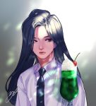  1boy androgynous bangs black_hair cherry closed_mouth cocktail cocktail_glass collared_shirt cream cup dangan_ronpa_(series) dangan_ronpa_2:_goodbye_despair drinking_glass english_commentary food fruit highres kamukura_izuru long_hair looking_at_viewer male_focus necktie red_eyes rei_(tdn_ng) shiny shiny_hair shirt signature solo upper_body very_long_hair white_shirt 