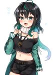  1girl ahoge bangs black_hair black_shorts blush crop_top eyebrows_visible_through_hair gradient_hair green_eyes green_hair green_sweater heart highres kawagami_raito long_hair midriff multicolored_hair navel nijisanji nijisanji_kr off_shoulder open_hand scarf shin_yuya short_shorts shorts smile solo sweater virtual_youtuber white_background white_scarf 