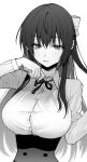  1girl blush bow buttons eyebrows_visible_through_hair fingernails greyscale hair_between_eyes hair_bow half-closed_eyes hatching_(texture) highres long_hair maki_keigo monochrome original parted_lips simple_background solo white_background 