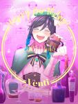  1boy alcohol androgynous bangs beer_mug beret black_hair blue_hair blush bottle bow braid brooch cape character_name closed_eyes collared_cape collared_shirt corset cup drinking_glass english_commentary english_text eyebrows_visible_through_hair flower frilled_sleeves frills gem genshin_impact gradient_hair green_headwear happy_birthday hat hat_flower highres holding holding_cup jewelry kureiro_natsuhi leaf long_sleeves male_focus mug multicolored_hair open_mouth pink_background shirt short_hair_with_long_locks smile solo sparkle symbol_commentary twin_braids venti_(genshin_impact) white_flower white_shirt wine wine_bottle wine_glass 