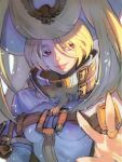  1girl ariels blonde_hair eyelashes guilty_gear guilty_gear_xrd headgear looking_at_viewer portrait red_eyes short_hair smirk solo_focus straight_hair yohane_shimizu 