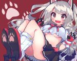  1girl animal_ears azur_lane belt black_sailor_collar black_skirt breasts claw_pose crop_top crop_top_overhang cuffs fingerless_gloves gloves long_hair loose_socks mechanical_ears miniskirt mol13 multicolored multicolored_nails pleated_skirt puffy_short_sleeves puffy_sleeves red_belt red_eyes red_footwear red_ribbon ribbon rudder_footwear sailor_collar school_uniform serafuku short_eyebrows short_sleeves silver_hair skirt solo tail under_boob white_legwear wolf_ears wolf_girl wolf_tail yuudachi_(azur_lane) 