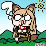  1girl :3 :d animal_ears arknights artist_name bangs black_jacket blue_sky ceobe_(arknights) chibi chinese_commentary commentary_request day holding jacket long_sleeves lowres mushroom o_o open_mouth outdoors seseren sky smile solo sun tail 