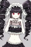  1girl 3j_dangan bangs bikini bikini_skirt black_hair black_nails breasts collarbone cowboy_shot drill_hair earrings eyebrows_visible_through_hair frills gothic_lolita grey_background hands_up highres jewelry lace lolita_fashion long_hair looking_at_viewer medium_breasts midriff navel red_eyes simple_background smile solo stomach swimsuit twin_drills twintails 