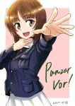  1girl absurdres bangs blue_jacket border brown_eyes brown_hair commentary dated eyebrows_visible_through_hair german_text girls_und_panzer hand_on_own_throat highres jacket long_sleeves looking_at_viewer military military_uniform nishizumi_miho ooarai_military_uniform open_mouth oritako outside_border pink_background pleated_skirt reaching_out short_hair skirt smile solo standing throat_microphone uniform white_border white_skirt 