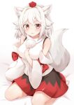  1girl animal_ear_fluff animal_ears bare_shoulders barefoot between_breasts black_skirt breasts detached_sleeves hat inubashiri_momiji large_breasts orange_eyes pom_pom_(clothes) rururiaru short_hair simple_background sitting skirt solo tail toes tokin_hat touhou wariza white_background white_hair wolf_ears wolf_tail 